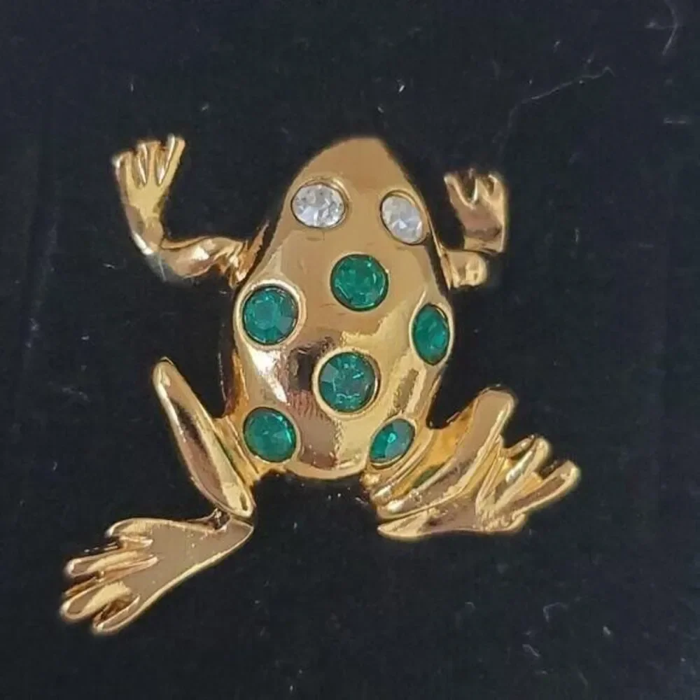 Avon gold tone frog brooch green rhinestones